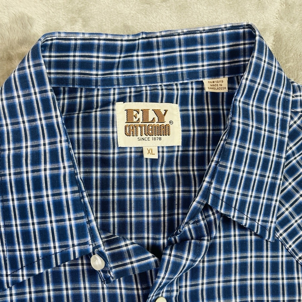Vintage‎ Ely Cattleman Pearl Snap Shirt Mens X-Large Blue Plaid Western Casual - Picture 3 of 5